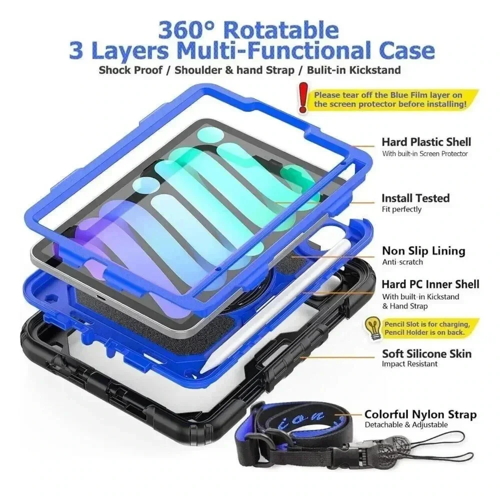 Kickstand Case for iPad‎ Mini 6 8.3'' 2021 Screen Protector Pencil Holder Strap